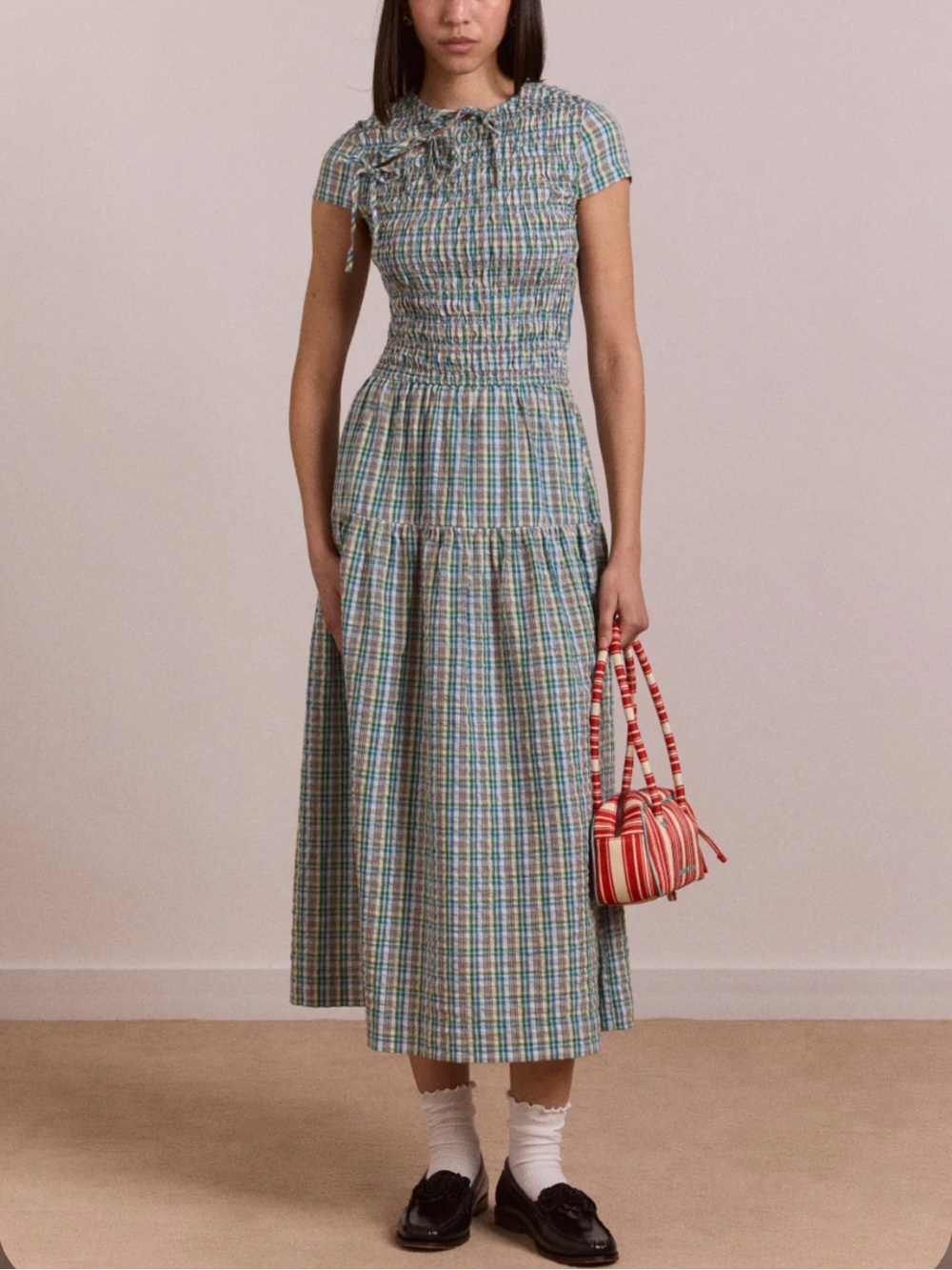DAMSON MADDER NWT Ebba Smocked Midi Dress in Picnic Blue Check Cottagecore US 2